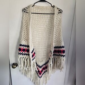 Glentex Vintage Bohemian Fringe Knit Shawl Sweater - Cream and Red And Blue